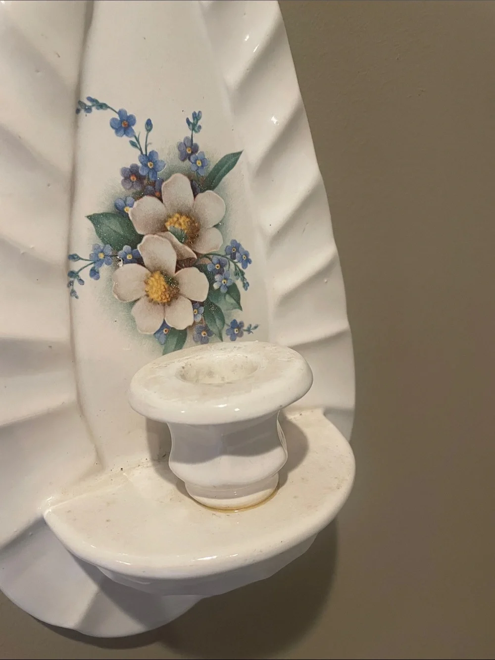 Ceramic vintage wall mount candle holder  off white floral